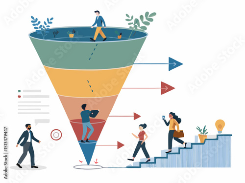 Design a bold vector illustration of a sales funnel, emphasizing its stages with strong strokes. Include a depiction of a prospect moving through the funnel.