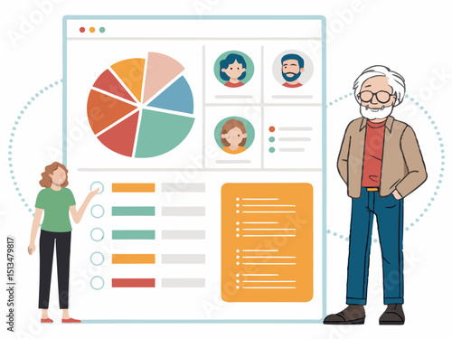 Design a bold, vector illustration of a target audience persona, emphasizing key demographics and psychographics.  Include strong visual cues.