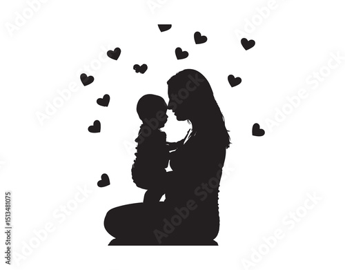 Mother holding a small baby with heart shapes in the background


