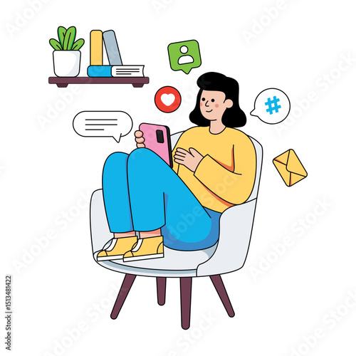A flat design illustration of addicted to social media 