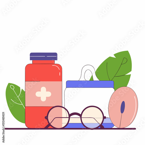 Simple Outline Icon of a Wellness Kit – Medication, Glasses, Hearing Aid