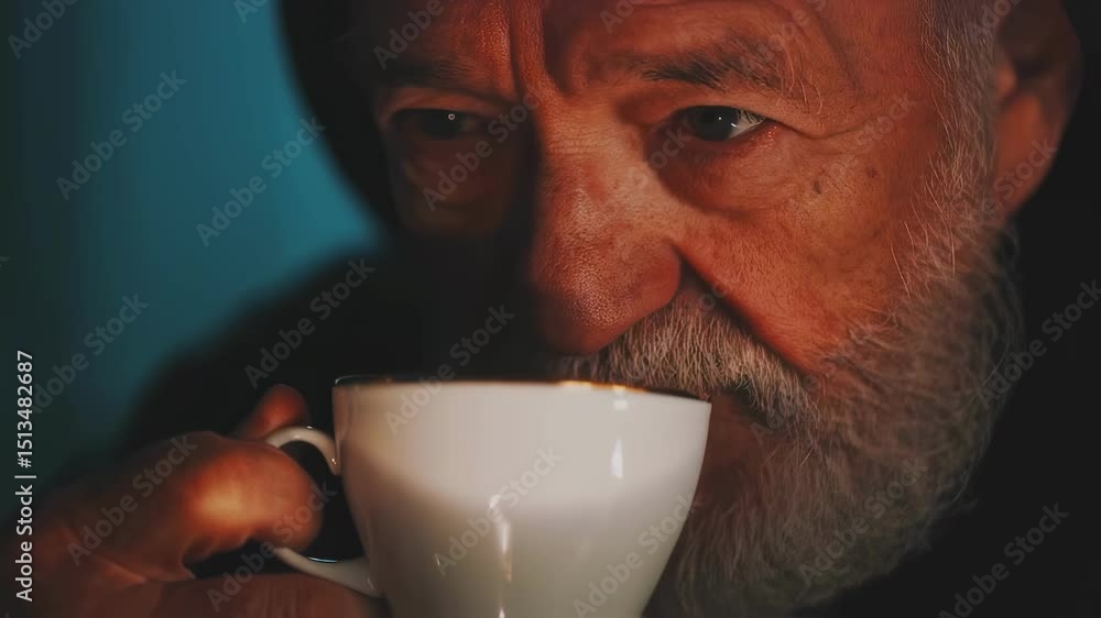 Close up of an older man with a white beard looking down at a cup of coffee while immersed in deep thought, self reflection concept for introspection footage. Close up of an older man with a white beard looking down at a cup of coffee while immersed in deep thought, self reflection concept for introspection footage.