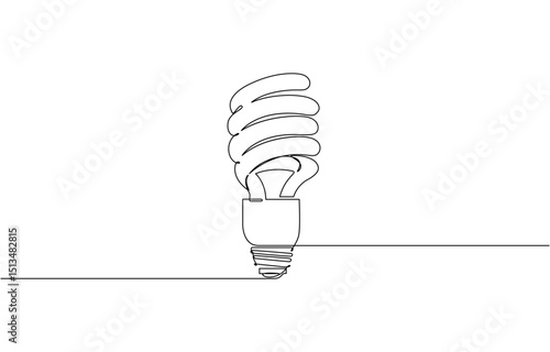 Single continuous line art economy light bulb. Compact fluorescent lamp energy saving light, Fluorescent lamp in continuous line art drawing style. Silhouette of Fluorescent lamp vector illustration.
