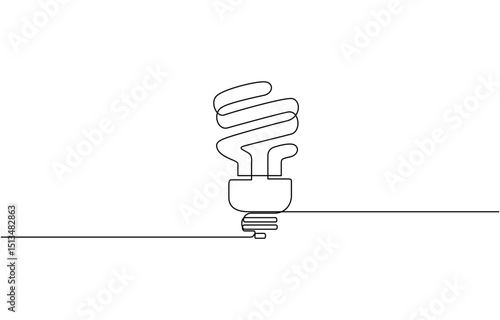 Single continuous line art economy light bulb. Compact fluorescent lamp energy saving light, Fluorescent lamp in continuous line art drawing style. Silhouette of Fluorescent lamp vector illustration.