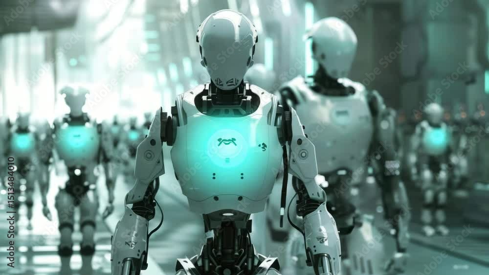 A group of white futuristic robots with glowing blue elements on their chests, lined up in rows A group of white futuristic robots with glowing blue elements on their chests, lined up in rows
