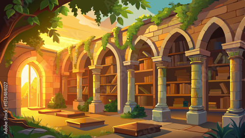 An ancient stone library with arched windows and ivy-covered walls stands in golden afternoon light, evoking history, knowledge, quiet wonder, and the enduring architecture of timeless learning.

