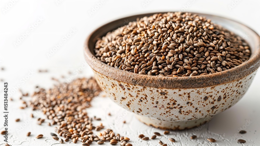 Delicious healthy dry wheat on a wooden bowl with a studio white backdrop and big space for text or product, Generative AI. Delicious healthy dry wheat on a wooden bowl with a studio white backdrop and big space for text or product, Generative AI.