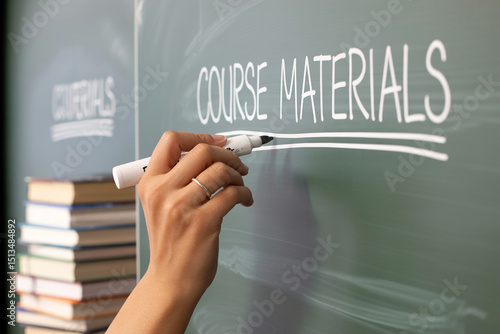Hand Writing Course Materials on Green Chalkboard with Books in Background