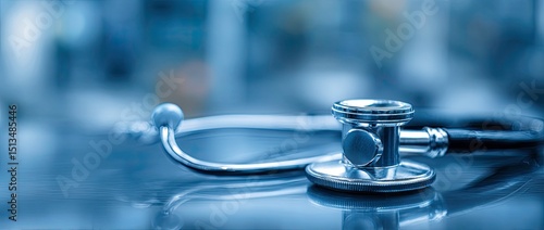 Stethoscope on a Reflective Surface in a Blue Toned Medical Environment