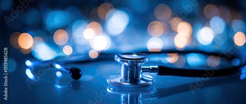 Stethoscope on a Reflective Surface with Bokeh Lights Background for Medical Concept