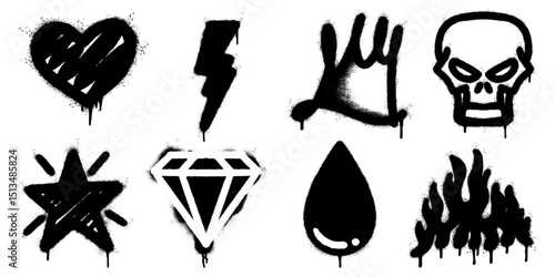 collection of black spray paint graffiti icons including lightning bolt, heart, crown, diamond, skull, star, drop, and flame.