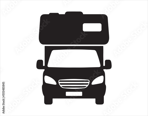 Motorhome symbol. Camper, minivan. Dark silhouette. Front perspective. Simple vector graphic illustration. Standalone object on a white backdrop. Isolate