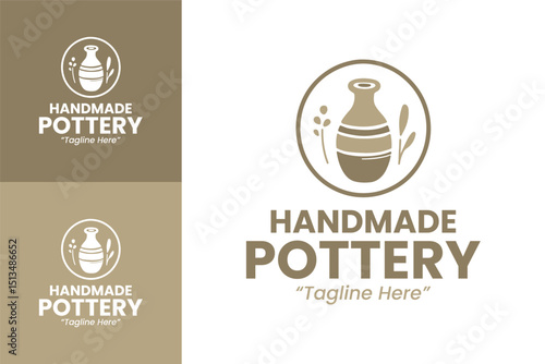 Elegant Handmade Pottery Logo Design with Nature Elements in Gold and Brown
