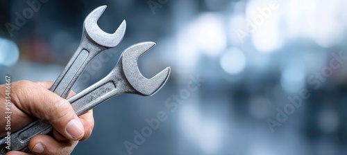 Wallpaper Mural Hand Holding Two Wrenches in a Workshop with Blurred Background Torontodigital.ca