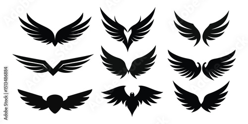 wing vector set, wing logo designs. Various artistic wing illustrations, bird, angel, bat, eagle, and minimalist wing icons for branding, tattoos, emblems, or fantasy design projects