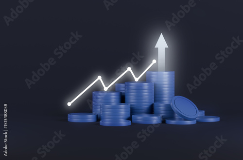 Money saving business concept. coin stack with growing business graph arrow of success financial. economic market chart digital stock currency strategy wealth management . 3d rendering.