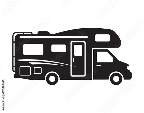 Camper van icon. Motorhome. Black shadow. Lateral view. Basic vector graphic illustration. Separate item on a white background. Isolate