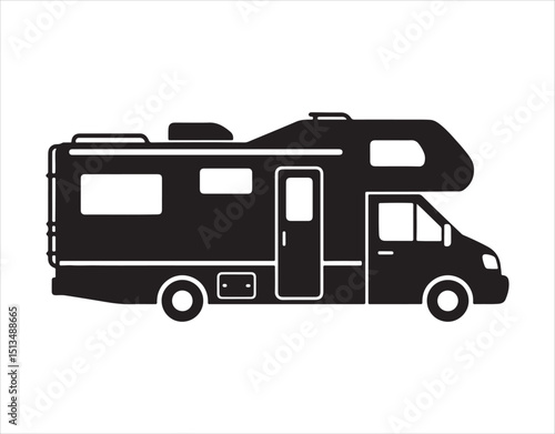 Motorhome symbol. Camper. Dark outline. Side perspective. Simple vector graphic illustration. Standalone object on a white backdrop. Isolate