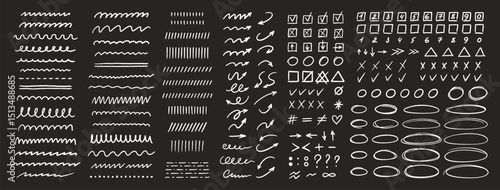 Crayon marks set, pencil drawings. Doodle chalk punctuation, symbols, underlines, strike through, arrows, check marks, dots and ellipses. Hand drawn line symbols. Vector illustration on black bg