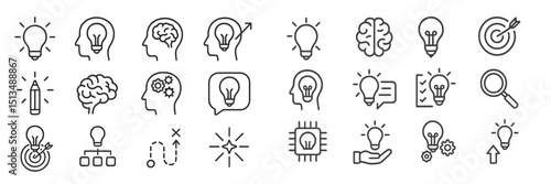 Collection of creative symbols depicting ideas, innovation, and brain concepts in a minimalist design