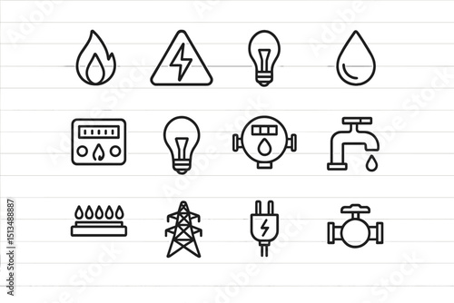 Various utility icons representing gas, electricity, and water services in a minimalistic design for educational use