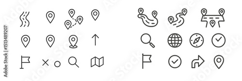 Collection of navigation and map icons representing various travel and location concepts for digital design