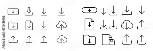 Various download and upload icons demonstrate digital file management in modern design style