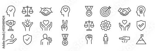 Line art symbols representing values, teamwork, and achievements displayed in a modern graphic design format