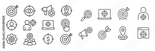 Illustrative icons representing various target-focused activities in business and marketing strategies during daytime