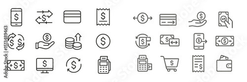 Financial transactions depicted through various icons illustrating payment methods, currency exchange, and digital money management