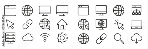 Collection of computer and internet-related icons in minimalistic style showcasing various digital elements
