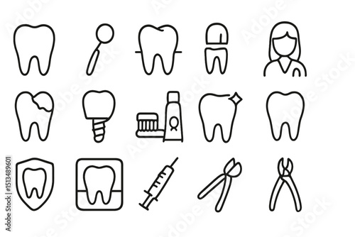 Illustrations of dental tools and symbols representing oral health and dentistry practices in a clean layout