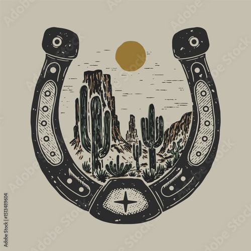 horseshoe desert cactus land sunset badge illustration vintage wild land design