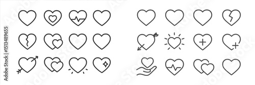 Collection of heart symbols representing emotions and feelings in various designs and styles in a minimalist layout