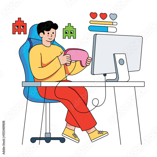 A flat design, illustration of playing online game 
