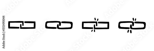 Break chain link icon black set. Weak disconnect line broken gap unlink collection. Vector illustration