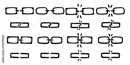 Break chain link icon set. Weak disconnect line broken gap unlink collection. Vector illustration