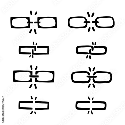 Break chain unlink icon set. Weak disconnect line broken gap unlink collection. Vector illustration