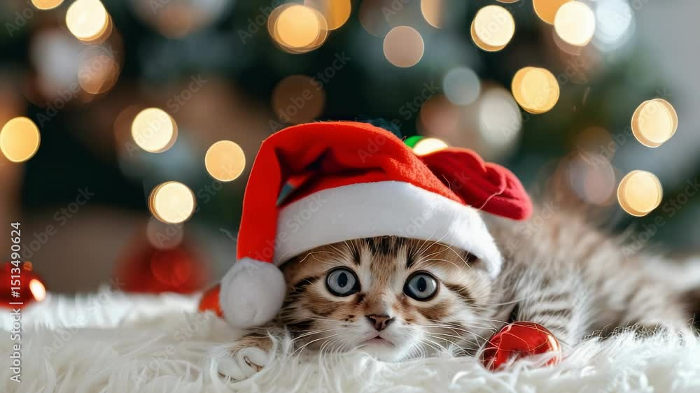 A charming kitten, adorned with a festive Santa hat, rests playfully on a soft, white, flully blanket. Bokeh lights softly illuminate the backdrop, creating a cozy holiday scene. A charming kitten, adorned with a festive Santa hat, rests playfully on a soft, white, flully blanket. Bokeh lights softly illuminate the backdrop, creating a cozy holiday scene.