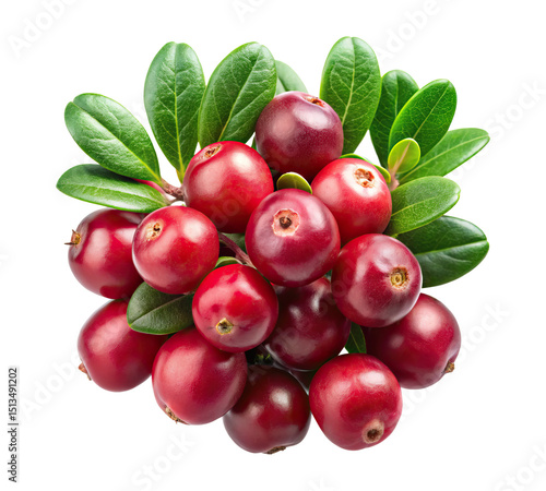 A vibrant cluster of fresh cranberries with green leaves Transparent PNG