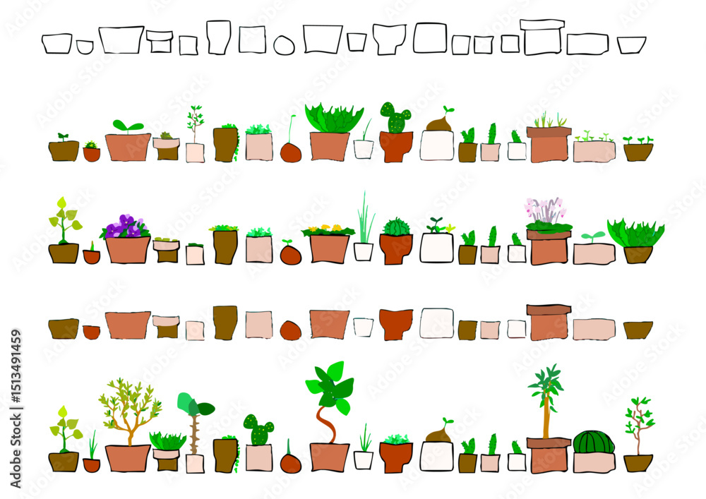Fototapeta premium 植木鉢に入った植物の手描きのライン１
