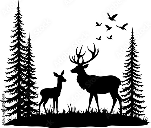 Deer and Fawn in Forest Silhouette vector design