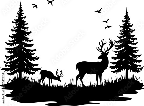 Deer and Fawn in Forest Silhouette vector design