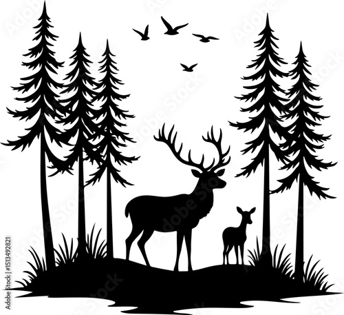 Deer and Fawn in Forest Silhouette vector design