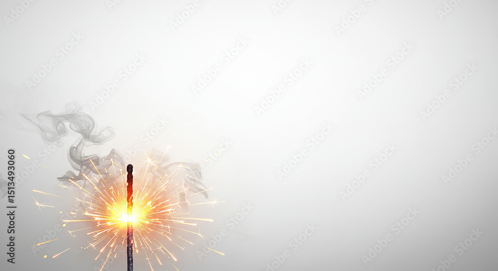 Obraz premium Sparkler igniting with bright flames and smoke on neutral background 