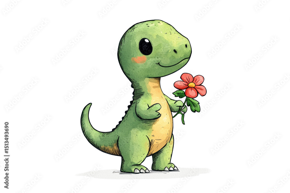 Fototapeta premium Adorable Green Dinosaur Holding a Red Flower Cute Cartoon Illustration for Kids