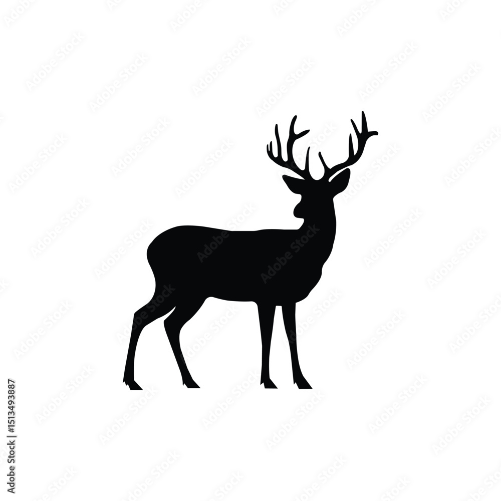 Obraz premium Silhouette of a deer with antlers standing in profile on a white background. Ideal for wildlife, forest, hunting, or nature-themed designs. Perfect for icons, logos, or decorative use.