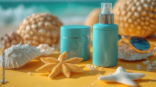 Tropical-inspired skincare flatlay with palm leaves on yellow background