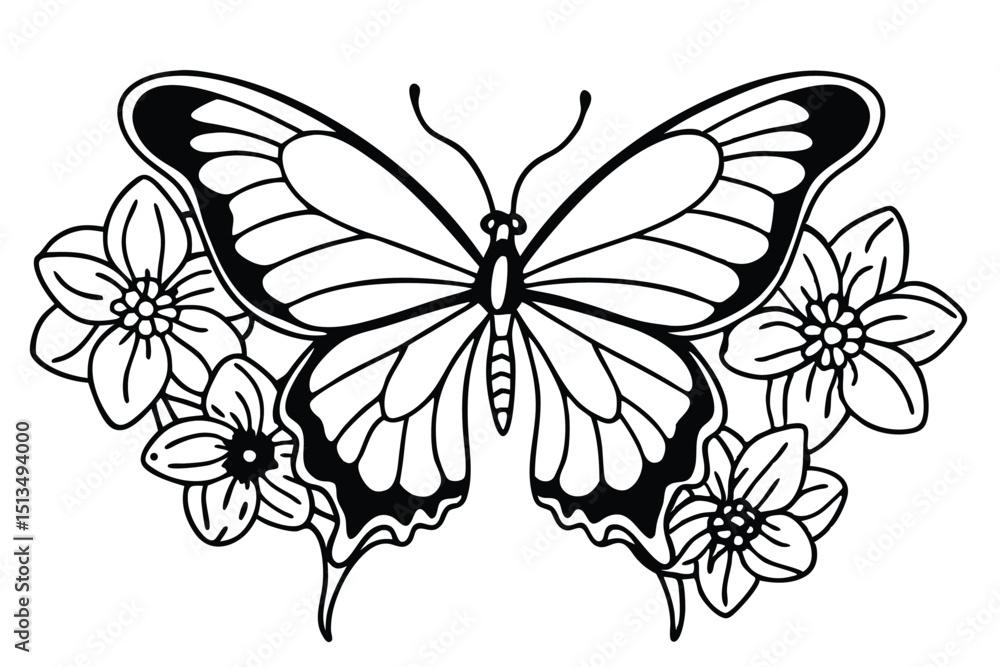 Fototapeta premium Elegant Butterfly with Flowers Black and White Line Art Illustration