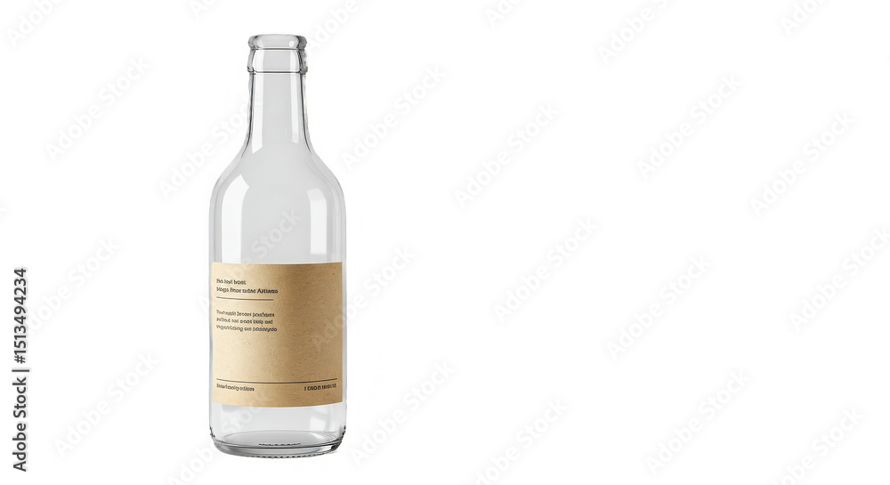 Fototapeta premium Transparent glass bottle with a tan label rendered in a gigapixel standard format image.